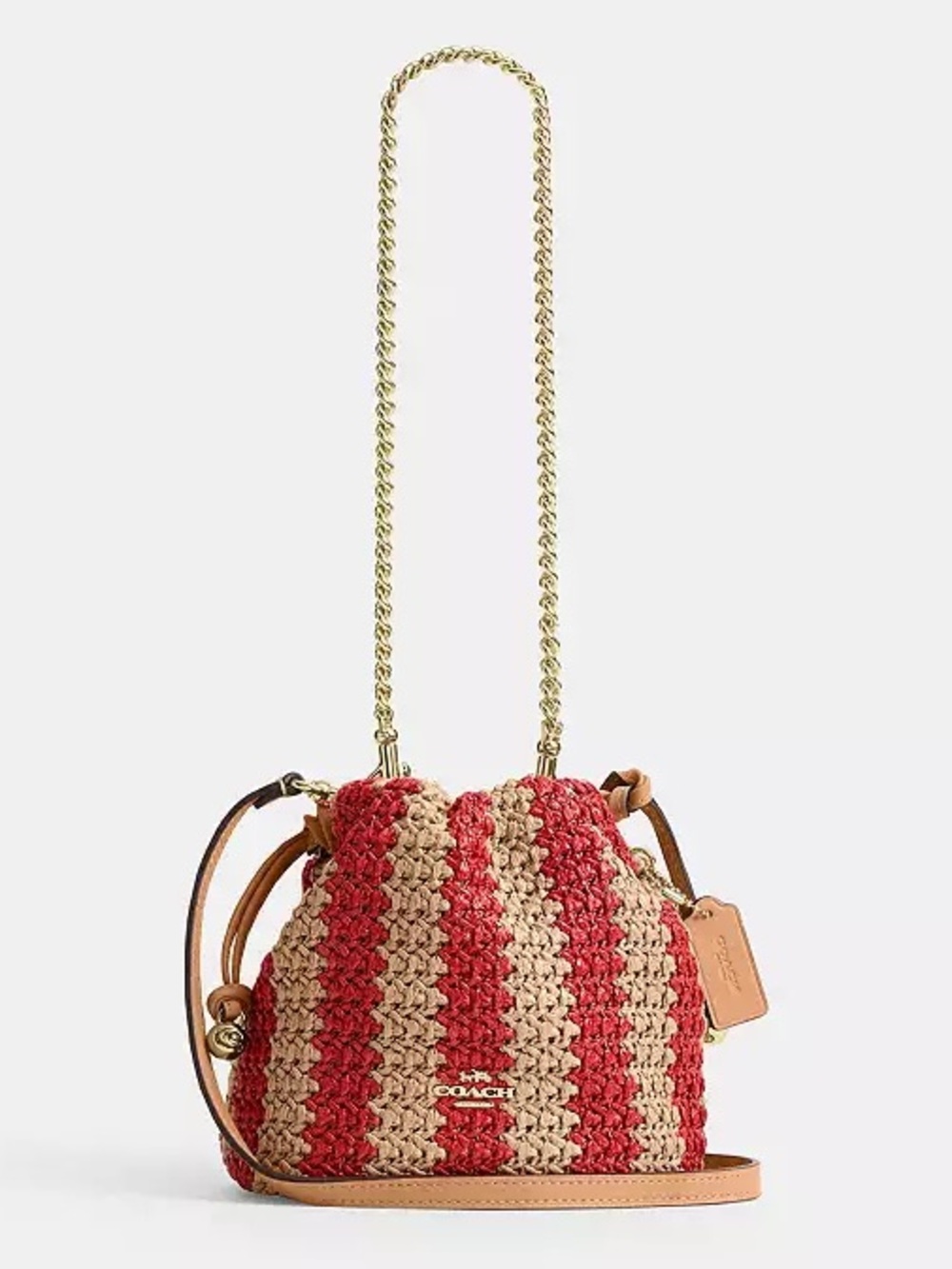 Coach Faye Mini Drawstring Bag Gold/Tan Red Stripes Straw & Smooth Leather NWT